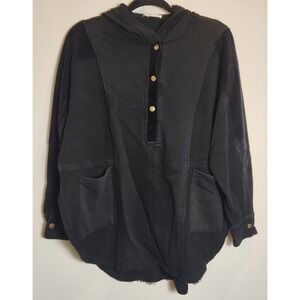 AEMI + CO Sweatshirt Women's Size S Black Hooded Raw Hemline Corduroy Trim